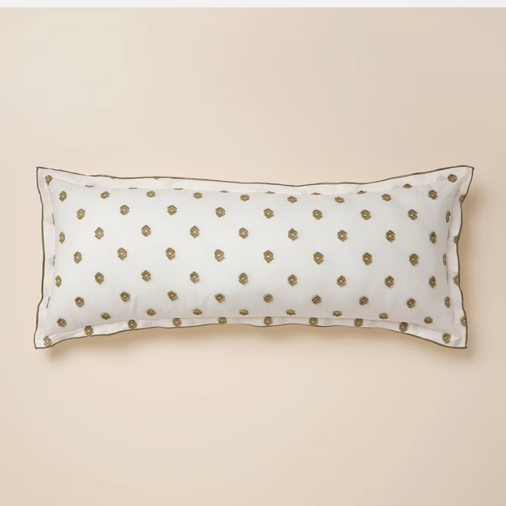 HEARTH & HAND NWT Clipped Dobby Embroidered Lumbar Green Throw Pillow 36x14 NEW - Picture 2 of 5